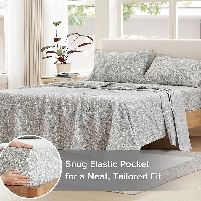 Comfort Spaces 100% Cotton Sheet Set Breathable, Lightweight, Soft with 14" Elastic Pocket Fits up to 16" Mattress, All Season Cozy Bedding, Matching Pillow Case, Full Paisley Multi 4 Piece