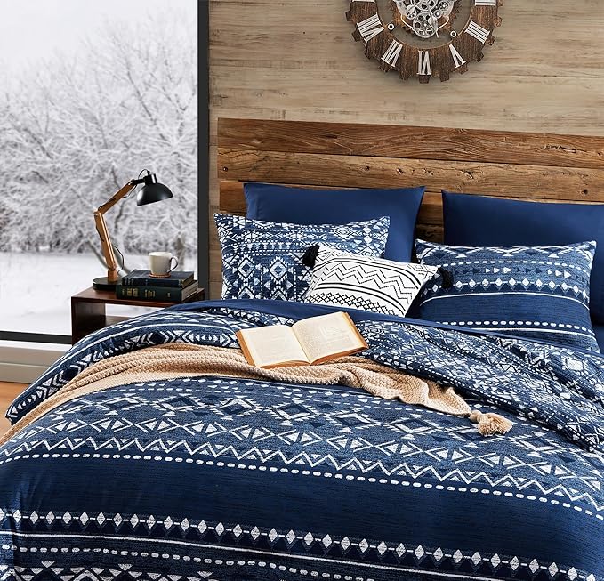 Geniospin Full Comforter Set - 7 Pieces Comforters Full Size, Fluffy Boho Bedding Sets for All Seasons, Bed in a Bag with Flat Sheet and Fitted Sheet, Pillowcase & Sham (Blue, 80''x90'')