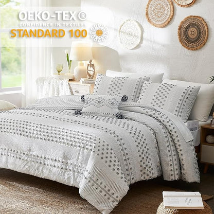 Geniospin Full Comforter Set 7 Pieces, Bed in A Bag with Comforter, Sheets, Pillowcases & Shams, Pom Tufted Design, All Season Down Alternative Bedding Sets