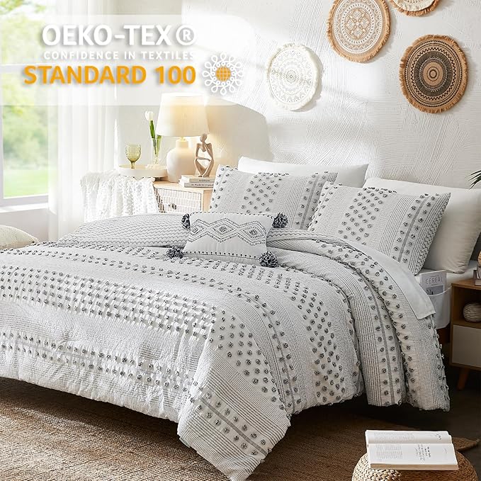 Geniospin Queen Comforter Set 7 Pieces, Bed in A Bag with Comforter, Sheets, Pillowcases & Shams, Pom Tufted Design, All Season Down Alternative Bedding Sets