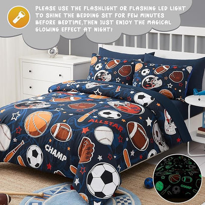 Full Kids Comforter Set - 7 Pieces Full Bedding Sets for Boys Teen, Glow in The Dark Sports Ball Games Bed in A Bag with Sheets