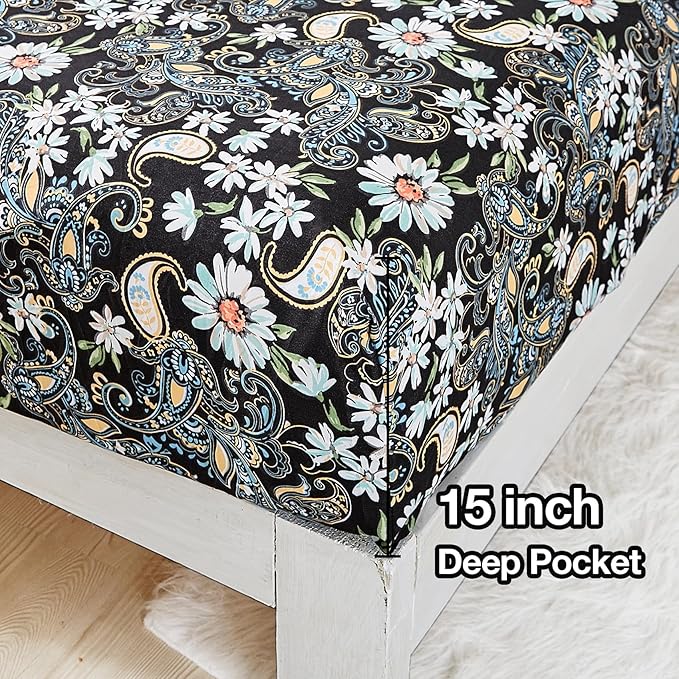 JSD Black Paisley Floral Printed Sheet Set Full Size, 4 Piece Soft Pattern Microfiber Sheets Extra Deep Pocket