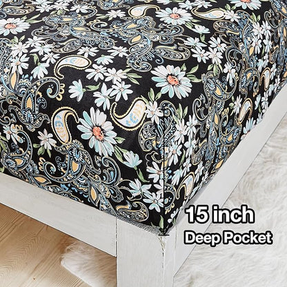 JSD Black Paisley Floral Printed Sheet Set Full Size, 4 Piece Soft Pattern Microfiber Sheets Extra Deep Pocket