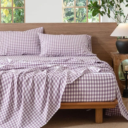 MooMee Gingham Sheet Set 100% Washed Cotton Linen Like Textured Breathable Soft w/Fully Elasticized 16-19" Deep Pocket (Classic Gingham Light Purple, Queen)