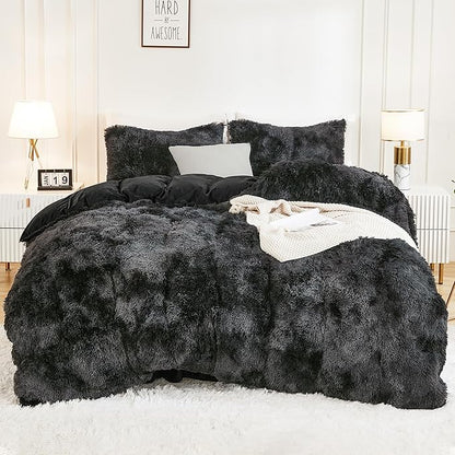Andency Tie-Dyed Black Grey Comforter King Size, 3 Pieces Fluffy Faux Fur Warm Soft Fuzzy Plush Bedding Comforter Set, Thick Heavy Puffy Comfy Bedding Sets