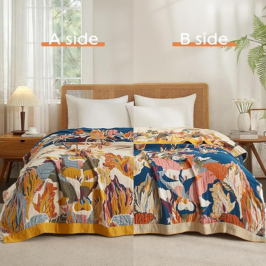 Boho Throw Blanket for Bed 50”x60”, 100% Cotton Woven Blanket for Couch Sofa, Ultra Soft 4-Layer Muslin Quilt with Floral Printed, Farmhouse Bed Blanket/Cover for Living Room Decor
