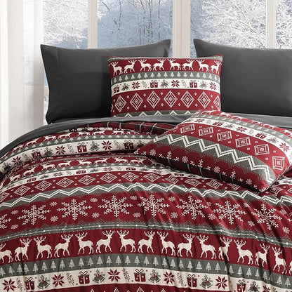 MaiRêve Christmas Queen Comforter Set, Red Reindeer Snowflake Bed Set for Holiday, Reversible Plaid Checkered Comforter Bed in a Bag, Soft Bedding Set 7 Pieces with Sheets, Pillowcases & Shams