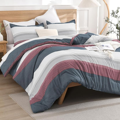 Litanika Comforter Set Twin/Twin XL Red Blue - 2 Pieces Lightweight Colorblock Stripe Fluffy Bedding Comforter Sets, All Season Bed Set