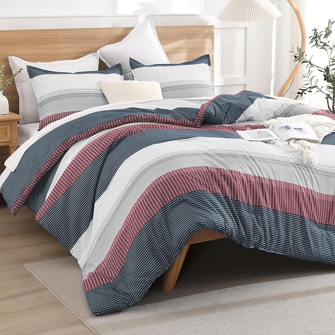 Litanika Comforter Set Queen Size Red Blue - 3 Pieces Lightweight Colorblock Stripe Fluffy Bedding Comforter Sets, All Season Bed Set