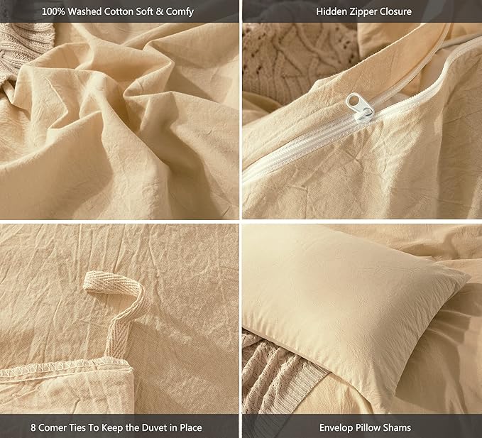 MooMee Bedding Duvet Cover Set 100% Washed Cotton Linen Like Textured Breathable Durable Soft Comfy (Heathered Light Yellow, King 104"x90")