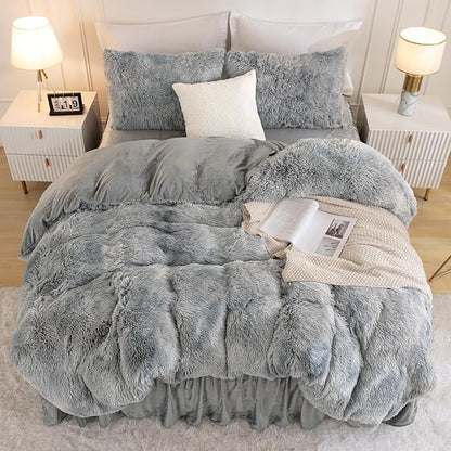 Andency Faux Fur Tie-Dyed Grey White Comforter for Queen Size Bed, 3 Pieces Fluffy Fuzzy Plush Bedding Comforter Set (1 Shaggy Velvet Comforter & 2 Pillowcases), Soft Puffy Bedding Set