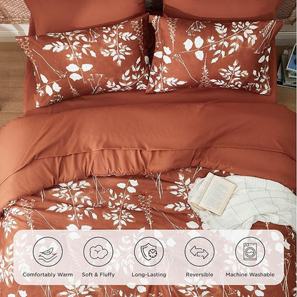 Bedsure Queen Comforter Set - 7 Pieces Floral Terracotta Soft Bedding Sets, Queen Bed in a Bag with Botanical Flowers Comforter, Sheets, Pillowcases & Shams