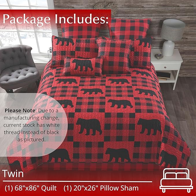 Virah Bella 2 Piece Twin Lodge Quilt Bedding Set - Buffalo Bear Plaid Red - Rustic Cabin Country Reversible Camping Comforter Set with Decorative Pillow Shams, Red/Black