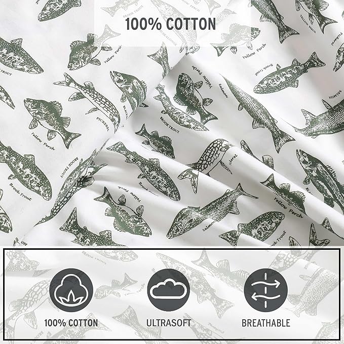Eddie Bauer - Sheet Set, Cotton Percale Bedding with Matching Pillowcases, Crisp & Breathable, 200-Thread Count, Classic Comfort Essentials (Wes Fish Green, Full)