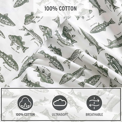 Eddie Bauer - Sheet Set, Cotton Percale Bedding with Matching Pillowcases, Crisp & Breathable, 200-Thread Count, Classic Comfort Essentials (Wes Fish Green, King)
