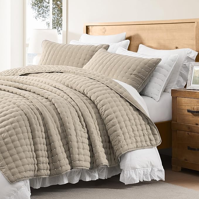 WDCOZY Beige Queen Size Quilt Bedding Sets with Pillow Shams, Cream Tan Lightweight Soft Bedspread Coverlet, Quilted Blanket Thin Comforter Bed Cover for All Season, 3 Pieces, 90x90 inches