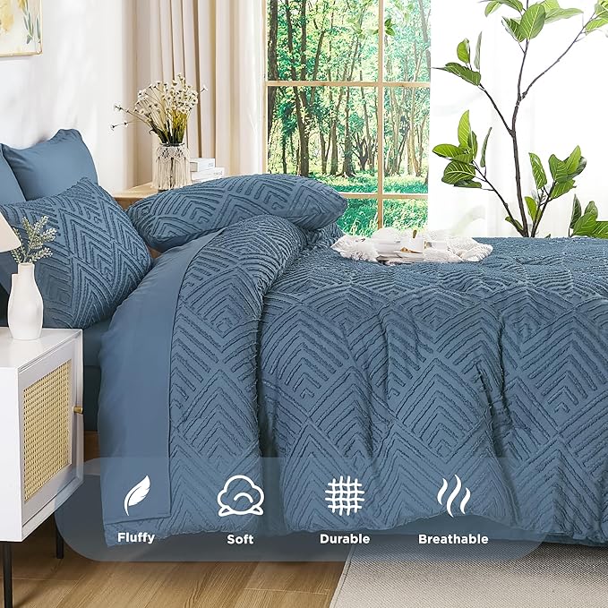 Andency Oversized King Size Comforter Set 7 Pieces Ocean Blue - Bed in a Bag Oversized King Boho Lightweight Fluffy Tufted Bedding Sets with Comforter, Sheets, Pillowcases & Shams