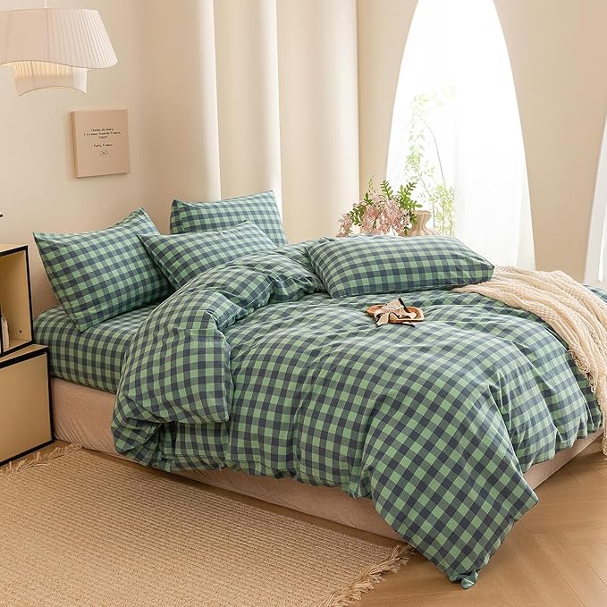 ECOCOTT Grid Plaid Duvet Cover King Size -100% Washed Cotton Linen Like Textured Breathable Durable Soft Comfy Bedding Set Mini Green Blue Plaid