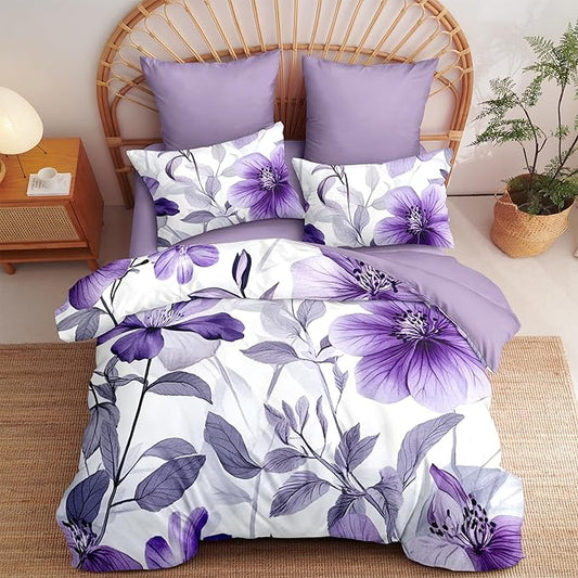 Nayoroom Purple Floral Comforter Set Queen Size Lavender Blooming Flower Leaf Printed Spring Comforter 3 Pcs Soft Lightweight Cottagecore Bedding Set for All Seasons (1 Comforter, 2 Pillowcases)
