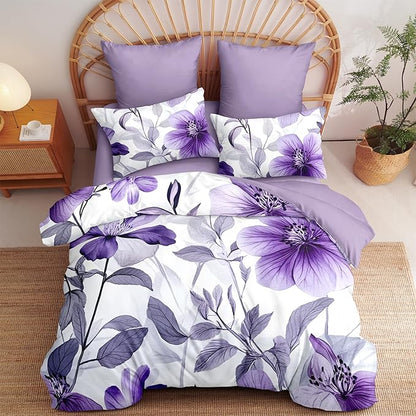 Nayoroom Purple Floral Comforter Set Twin Size Lavender Blooming Flower Leaf Printed Spring Comforter 2 Pcs Soft Lightweight Cottagecore Bedding Set for All Seasons (1 Comforter, 1 Pillowcase)