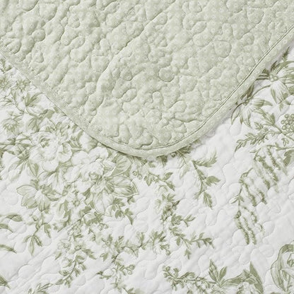 Laura Ashley - Twin Quilt Set, Reversible Cotton Bedding with Matching Sham, Lightweight Home Decor for All Seasons (Bedford Green/Off-White, Twin)