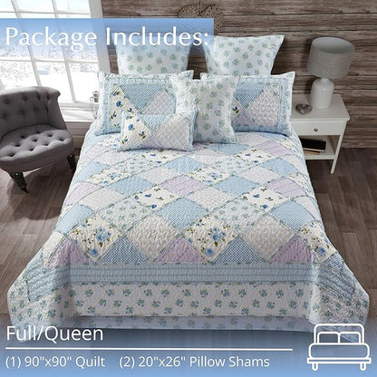 Virah Bella 3 Piece Full/Queen Lodge Quilt Bedding Set - Rustic Country Reversible Comforter Set with Decorative Pillow Shams - Garden of Blues