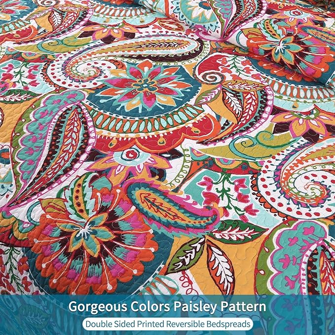 Qucover King Size Quilt Bedding Set, 100% Cotton Boho Bedspread, Vibrant Colorful Gorgeous Paisley Print Coverlet for Living Bedroom, Bed Cover with 2 Pillow Shams, 98x106 Inches