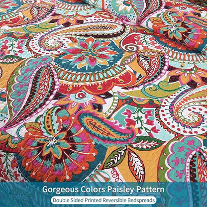 Qucover King Size Quilt Bedding Set, 100% Cotton Boho Bedspread, Vibrant Colorful Gorgeous Paisley Print Coverlet for Living Bedroom, Bed Cover with 2 Pillow Shams, 98x106 Inches