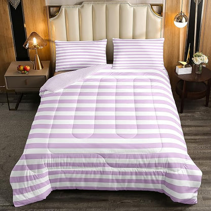 Girl Purple Striped Comforter Set Queen White Farmhouse Ticking Stripes Down Comforter For Women Horizontal Stripes Geometric Lines Reversible Lightweight Duvet Set For Room Decor Soft Bedding Set