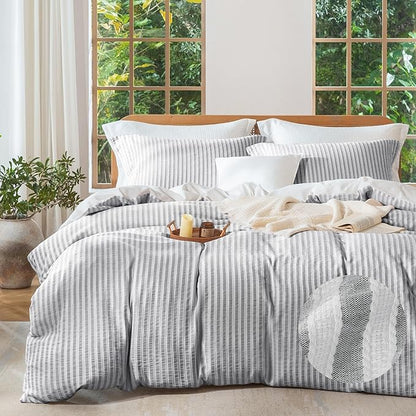 MILDLY Grey Striped Duvet Cover - 100% Washed Cotton Jacquard Textured Comforter Cover with Dual Zipper Closure & 8 Coner Ties