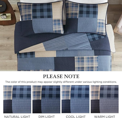 WOOLRICH Quilt Set Patchwork Channel Quilting, Cottage Coverlet for Twin Size Bed All Seasons, Lightweight Prewashed Cotton Coverlet Bedspread, Shams, Winter Hills, Oversized Twin/Twin XL Blue 2 Piece