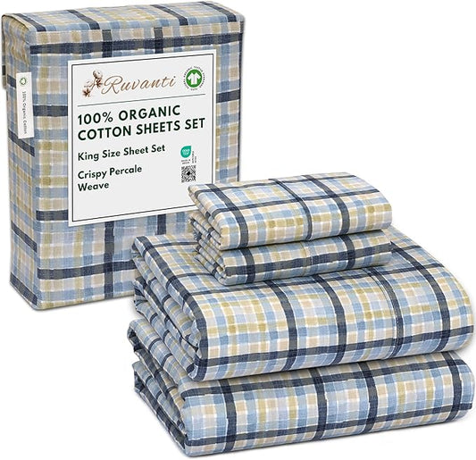 RUVANTI 100% Organic Cotton Sheets King Size, Percale Weave, GOTS Certified, 4-Piece Set, Deep Pocket 15", Crisp & Breathable, Soft Durable Bedding, Sábanas Algodón Orgánico – Pastel Print