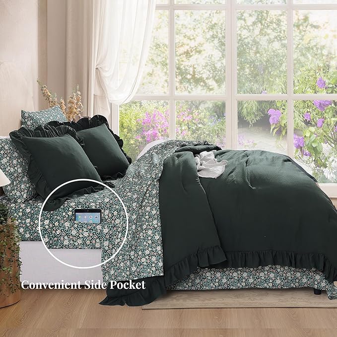 Twin XL Comforter Set - 5 Pieces Ruffle Forest Green Floral Bedding Sets, Shabby Chic Farmhouse Bed in a Bag with Ruffle Comforter, Floral Sheets, Pillowcase & Sham