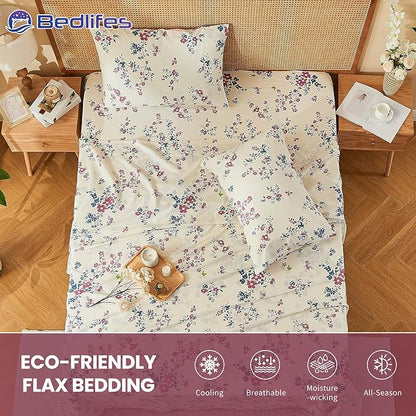 Bedlifes 100% French Linen Sheets King Size – Floral Printed, Botanical Pattern Breathable Cooling Sheet Set, 16" Deep Pocket, 4-Piece (King, Floral Red)