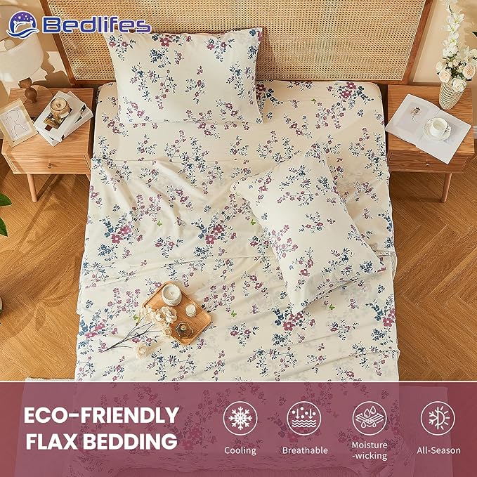 Bedlifes 100% French Linen Sheets Queen Size – Floral Printed, Botanical Pattern Breathable Cooling Sheet Set, 16" Deep Pocket, 4-Piece (Queen, Floral Red)