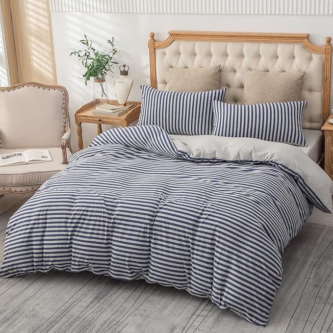 PURE ERA Jersey Knit Duvet Cover Set 100% T-Shirt Heather Cotton Super Soft Comfy Classic Striped Design, with Zipper Closure, Heather Grey Blue Stripe, Queen