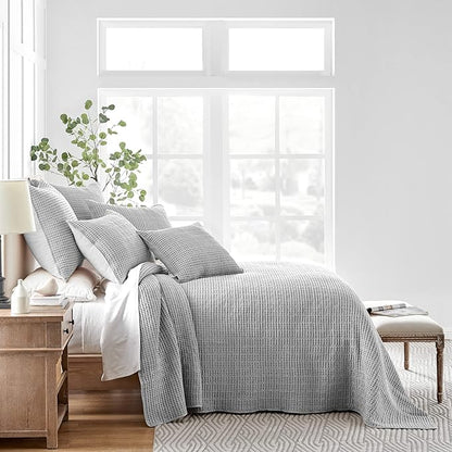 Levtex Home Mills Waffle Queen Bedspread Set (106x106in) with 2 Pillow Shams (26x20in) - Grey - Cotton Waffle Queen Size Bedspread Set - Lightweight, Soft, Pre-Washed