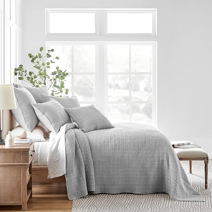 Levtex Home Mills Waffle Full Bedspread Set (100x104in) with 2 Pillow Shams (26x20in) - Grey - Cotton Waffle Full Size Bedspread Set - Lightweight, Soft, Pre-Washed