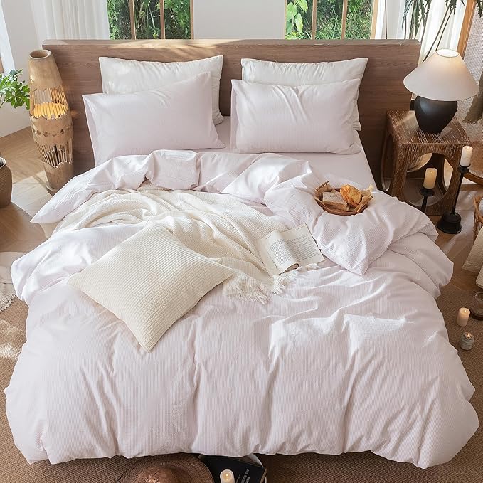 MooMee Striped Duvet Cover Set 100% Washed Cotton Linen Like Textured Breathable Durable Soft Comfy (Heathered Greyish Pink Pinstripes, Oversized Full 82"x86")