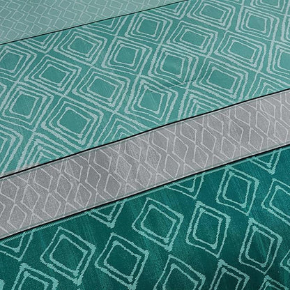 Dinjoy Queen Comforter Set Boho, Soft Teal Striped 7 Piece Bed in a Bag Queen Size Warm Blue Green Bedding Sets Plaid Comforters Bed Set with Sheets for Family Fall Winter