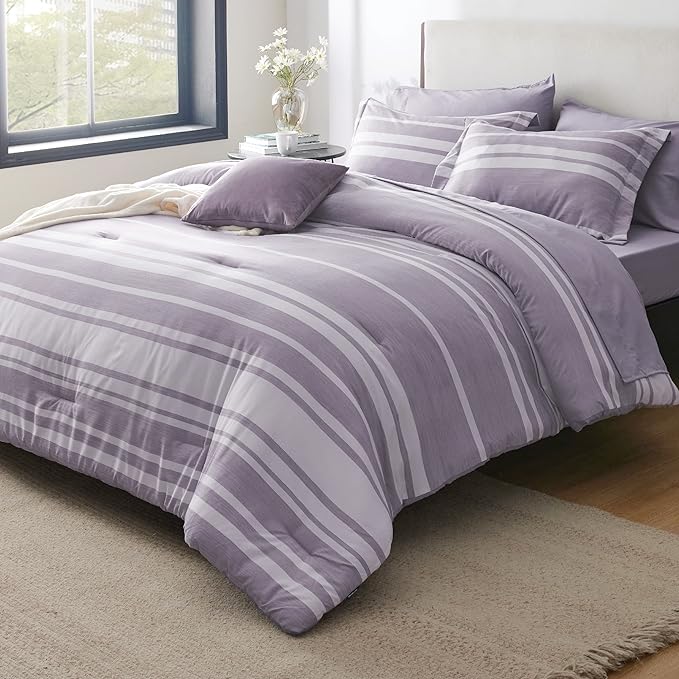 Bedsure Twin Comforter Set 5 Pieces, Purple Striped Bedding Set for All Seasons, Reversible, Cationic Dyeing Bed in a Bag with Comforter, Sheets, Pillowcase & Sham