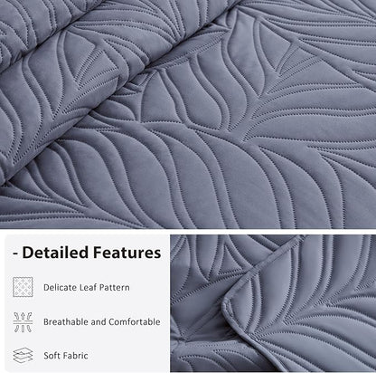 EXQ Home Quilt Set King Size Bluish Grey 3 Piece,Lightweight Soft Coverlet Modern Style Leaf Pattern Bedspread Set(1 Quilt,2 Pillow Shams)