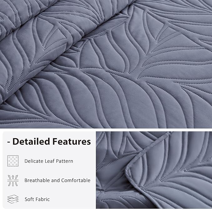 EXQ Home Quilt Set Twin Size Bluish Grey 2 Piece,Lightweight Soft Coverlet Modern Style Leaf Pattern Bedspread Set(1 Quilt,1 Pillow Sham)