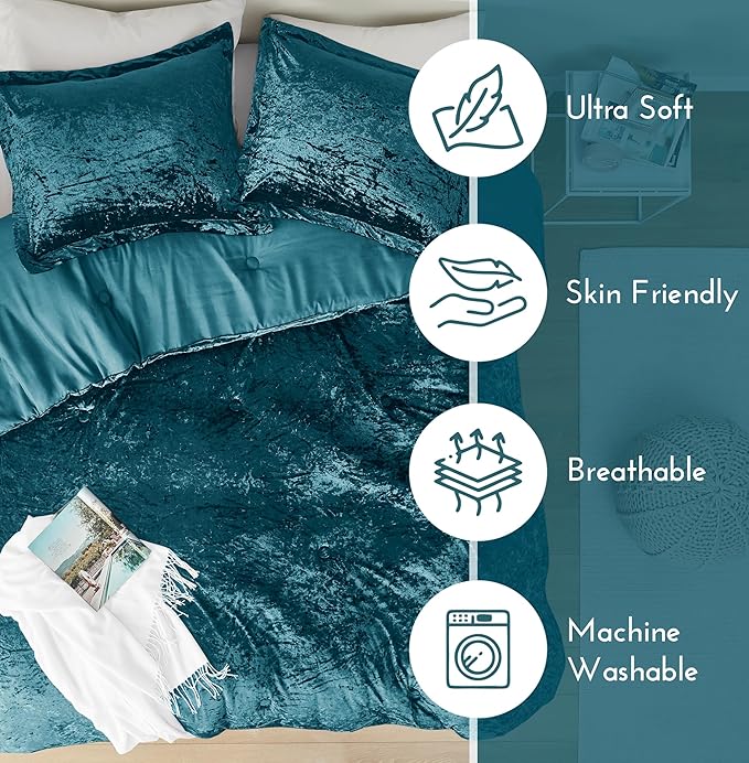 Comfort Spaces Juliette Luxe Comforter Set Velvet Lush with Soft Brushed Microfiber Reverse, All Season Cozy Velvet Bedding Sets, Fluffy Comforter Bed Set, Matching Sham, Teal King 3 Piece