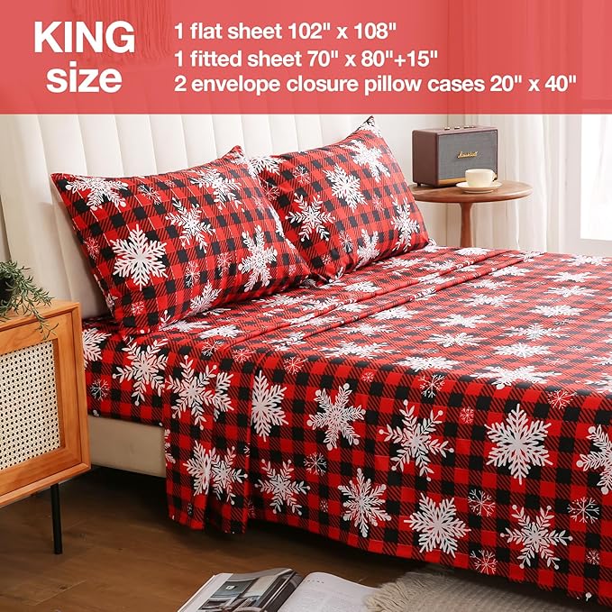 JSD Red Buffalo Plaid Snowflakes Sheet Set King Size, 4 Piece Christmas Winter Microfiber Bedding Sheets Extra Deep Pocket