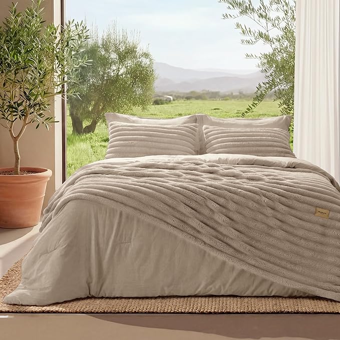 Bedsure Gentlesoft™ 2-in-1 California King Comforter Set and Detachable Fluffy Blanket, Beige Bedding Set for All Season Use, SnapTech Design for Space Saving (Includes 2 Pillow Shams, 2 Pillowcases)
