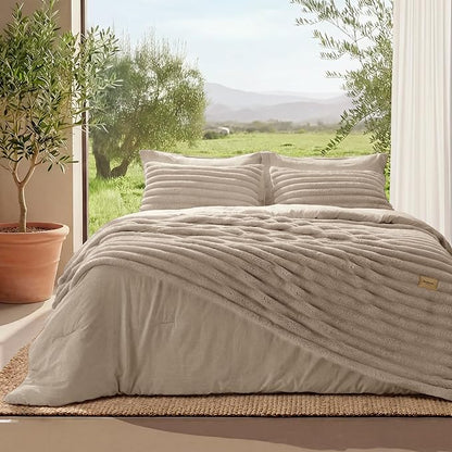 Bedsure Gentlesoft™ 2-in-1 Twin Comforter Set and Detachable Fluffy Blanket, Beige Bedding Set for All Season Use, SnapTech Design for Space Saving (Includes 1 Pillow Sham, 1 Pillowcase)