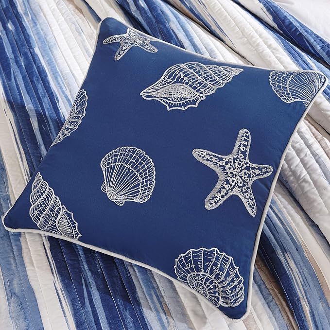 Madison Park Quilt Set Cottage Coastal Design, 6 Piece Set - All Season, Coverlet Bedspread Lightweight Bedding Layer, Shams, Toss Pillows, Full/Queen(90"x90"), Blue/White