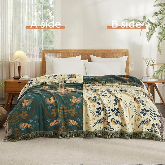Boho Throw Blanket for Bed 80”x90”, 100% Cotton Woven Blanket for Couch Sofa, Ultra Soft 4-Layer Muslin Quilt with Bird Floral Printed, Farmhouse Bed Blanket/Cover for Living Room Decor
