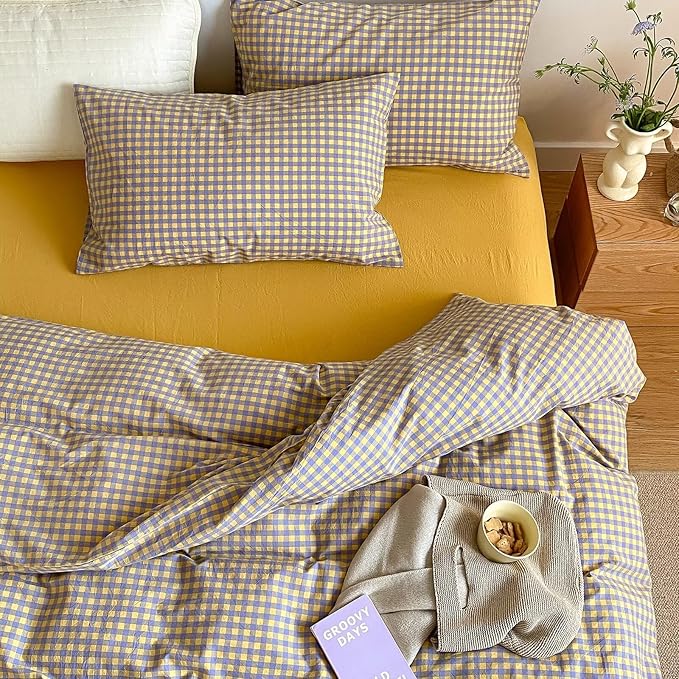 mixinni Yellow/Purple Gingham Comforter Set King, Plaid Comforter Set 3 Pieces 1 Vintage Grid Comfoter with 2 Pillow Cases for All Seasons, Soft Fluffy Modern Grid Pattern Printed Bedding-King Size